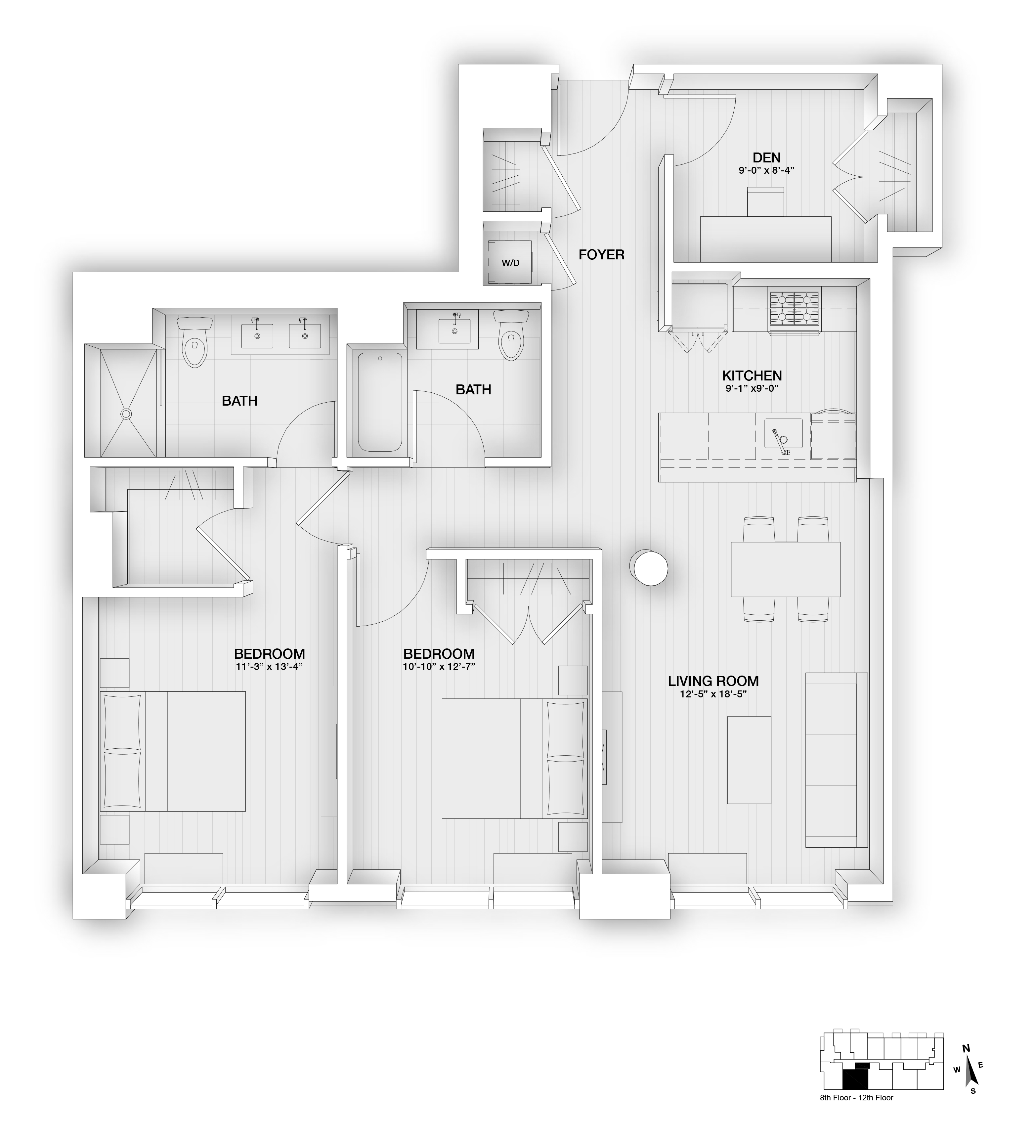 Floor plan for 3 beds, 2 baths, 1186 sqft